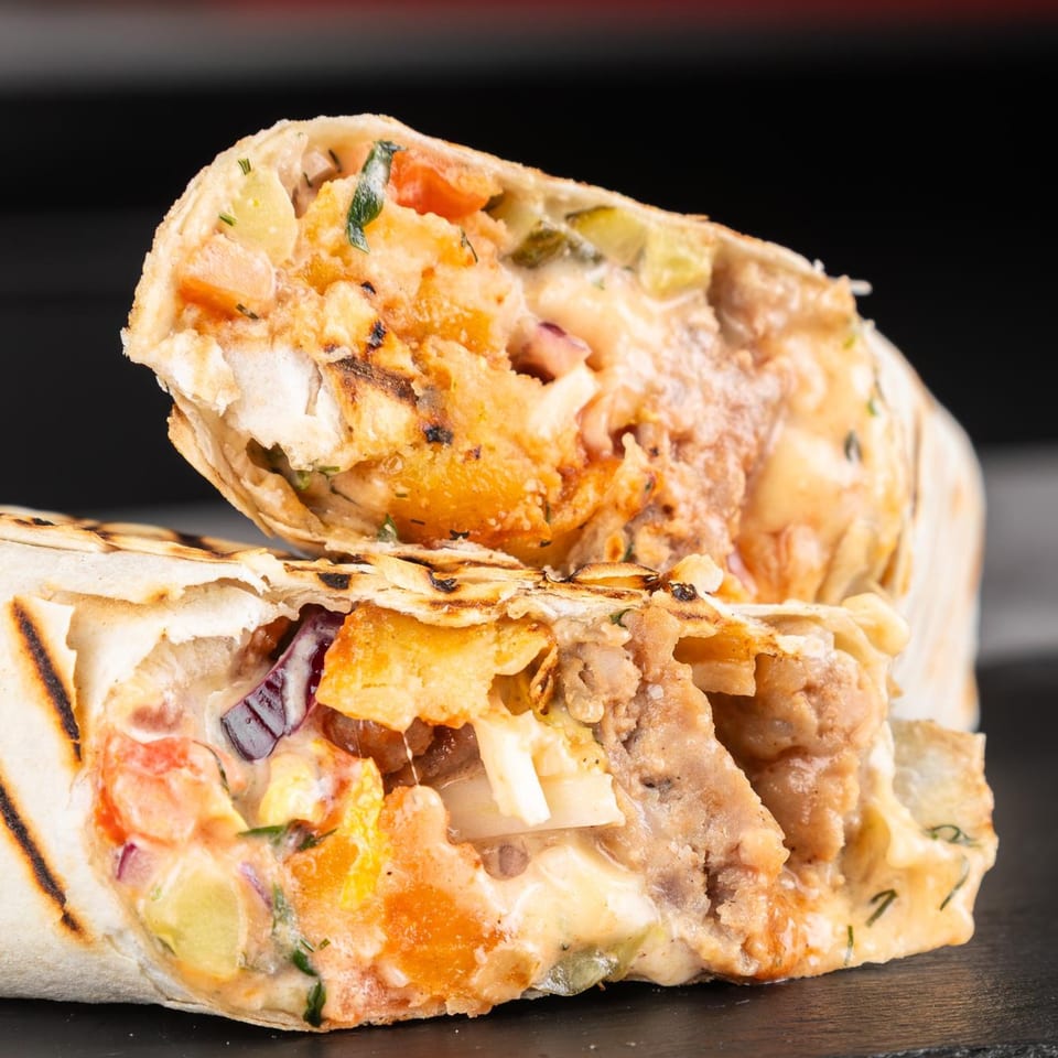 Two halves of a grilled Mexican burrito, revealing a savory filling of meat, cheese, and vegetables.