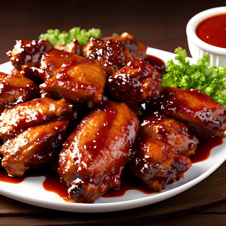 A plate of Don Pedro Mexican Restaurant's chicken wings, coated in a rich, glossy sauce, with a side of dipping sauce.