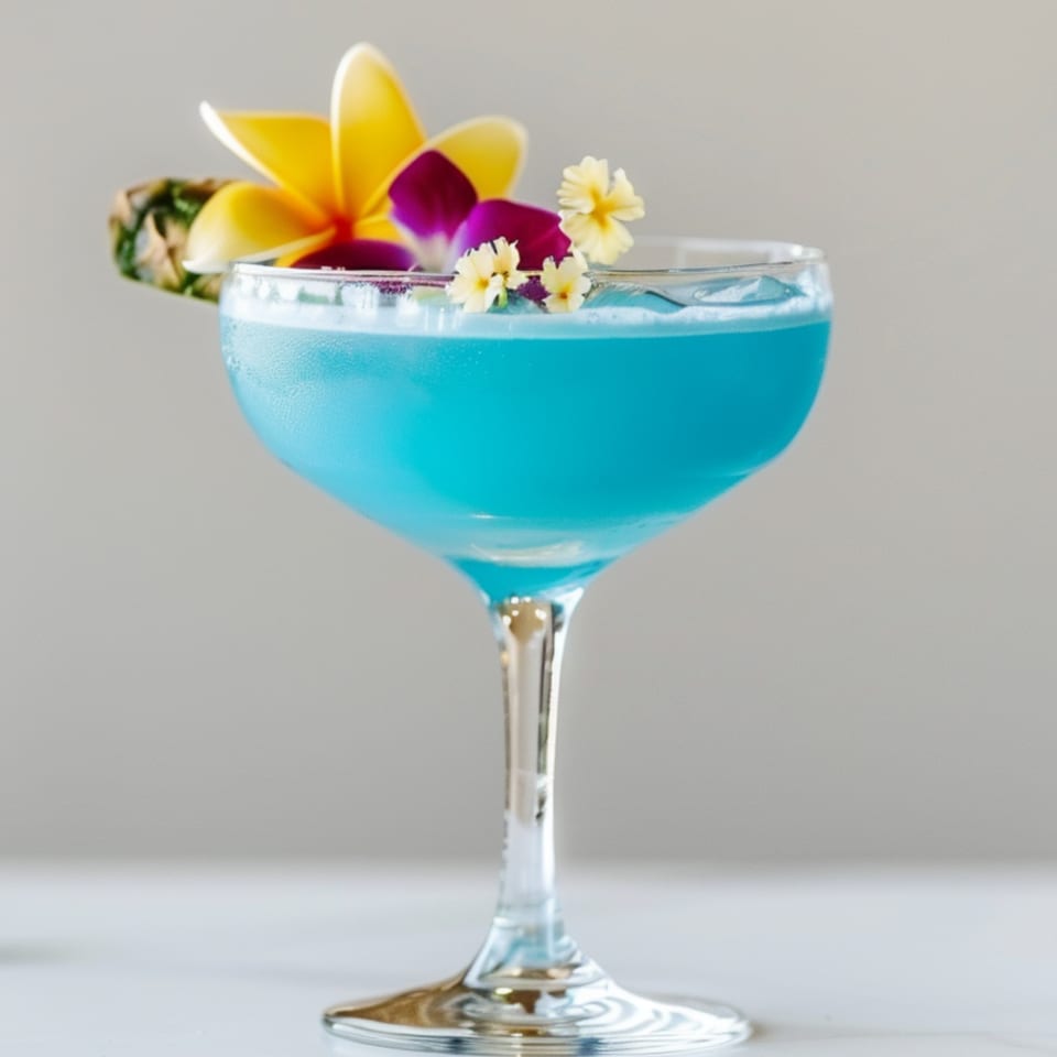 A vibrant blue cocktail in a coupe glass, garnished with tropical flowers and a pineapple slice.