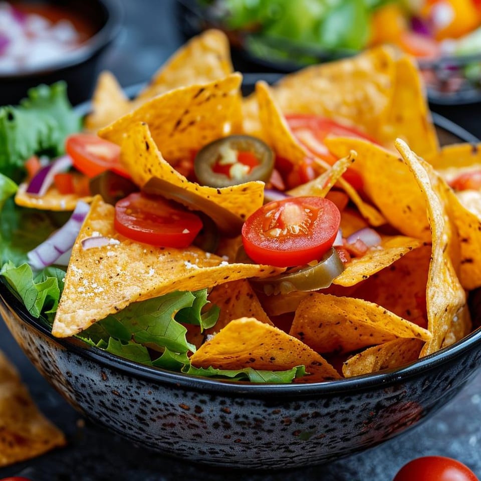 A close-up of a bowl of Don Pedro Mexican Restaurant's nachos with lettuce, tomatoes, and jalapeños.